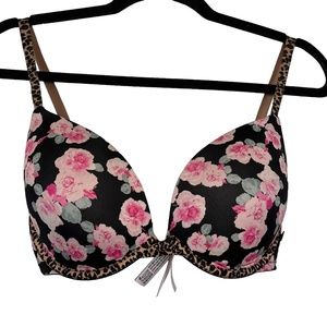 VICTORIA'S SECRET PUSH UP Black Pink Floral Leopard Print Underwire Bra 34DD